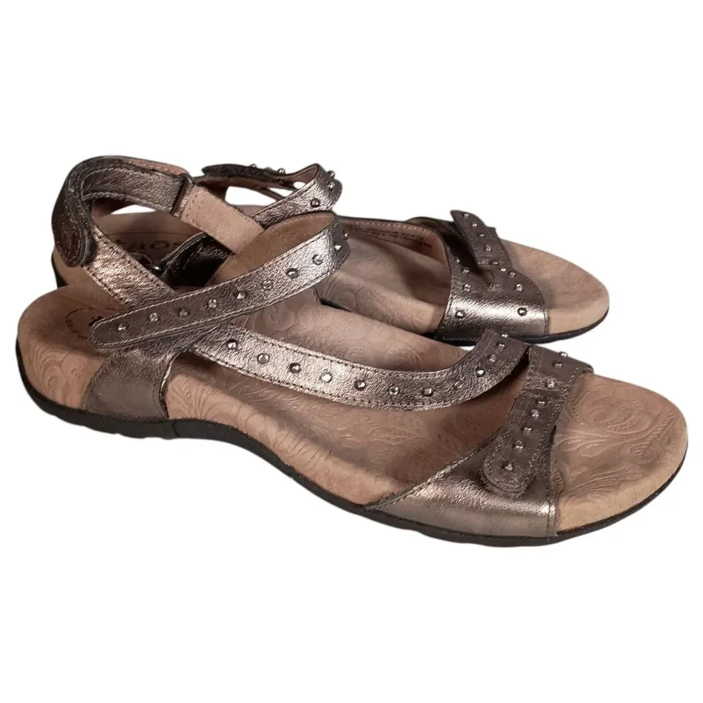 Taos Sandal Flat Pewter Gray Leather Studded Strappy Womens 9